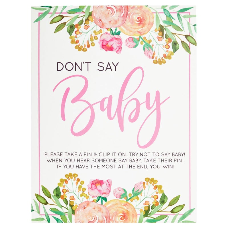 Sparkle and Bash Don't Say Baby Shower Game Sign - 8 x 10 in, 60 Pink Clothespins & Floral Design for Baby Shower Games for Girl - Image 3
